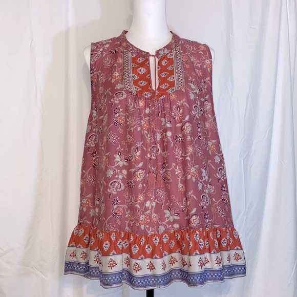 beachlunchlounge Tops - Beach Lunch Lounge Sleeveless Boho Top Ruffle Hemline Tassel Tie Neck Size M